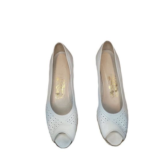 Salvatore Ferragamo Wedge Sandals Women Sz 8.5 N White Leather Open Toe Designer - Picture 2 of 6